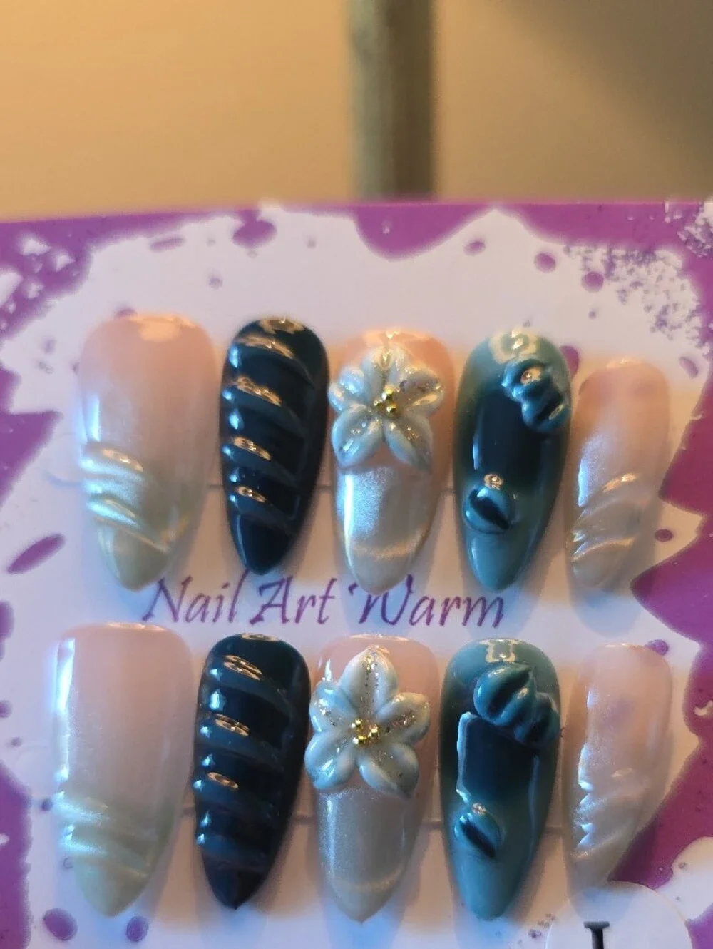 Teal & Ivory Press-On Nail Set Size Large